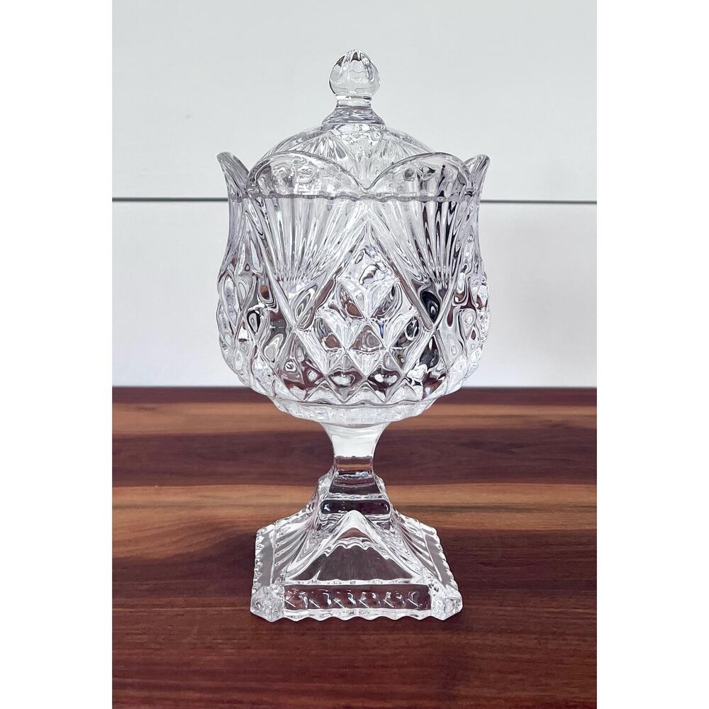Vintage Shannon Godinger Cut Crystal Footed Candy Dish & Lid Pineapple Tulip